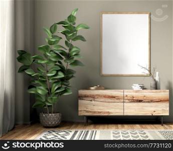 Modern interior of living room with wooden sideboard and poster, home design 3d rendering