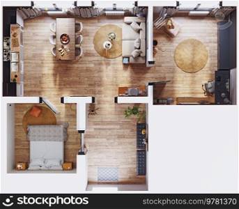 Modern interior of luxury private house. View of living apartment from above. 3d illustration. View of living apartment from above.