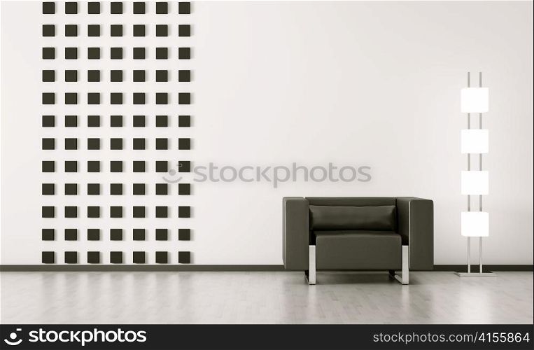 Modern interior of room with black armchair 3d render