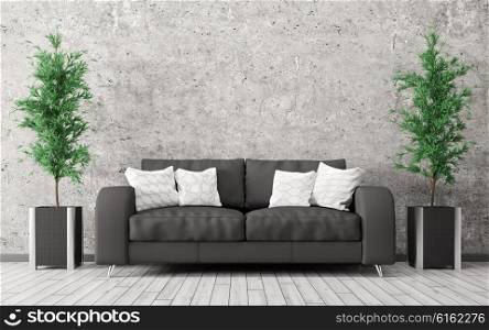 Modern interior of room with black sofa and plants against of concrete wall 3d render