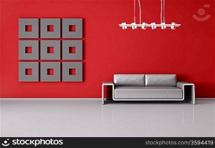 Modern interior of room with red wall and sofa 3d render