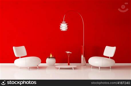 Modern interior of room with red wall and white armchairs 3d render