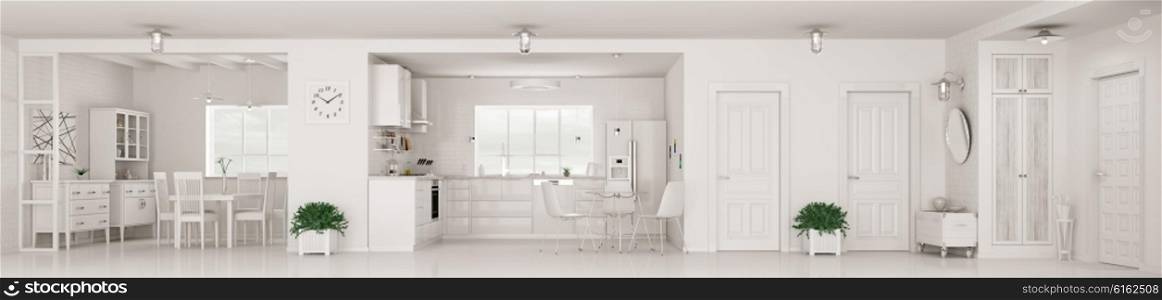 Modern interior of white kitchen, hall, dining room, panorama 3d rendering