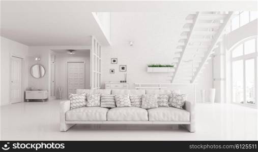 Modern interior of white living room and hall, staircase, sofa with cushions 3d rendering