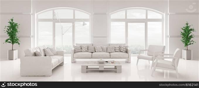 Modern interior of white living room, sofa,armchairs and coffee table, panorama 3d render