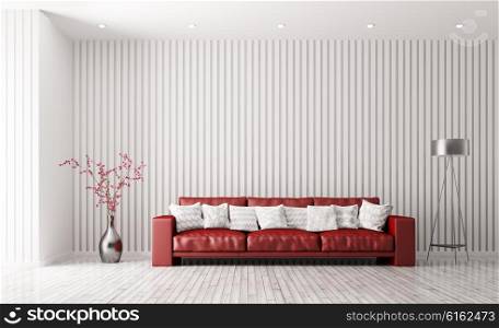 Modern interior of white living room with red sofa, floor lamp and plant 3d rendering