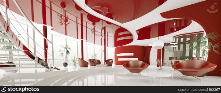 Modern interior of white red apartment panorama 3d render