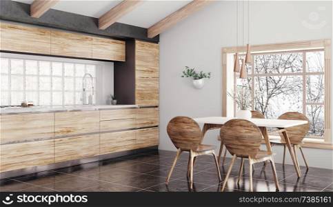 Modern interior of wooden kitchen,dining area, table and chairs 3d rendering