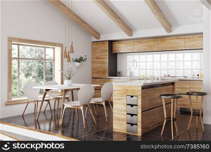 Modern interior of wooden kitchen with island, yellow and white table and chairs 3d rendering