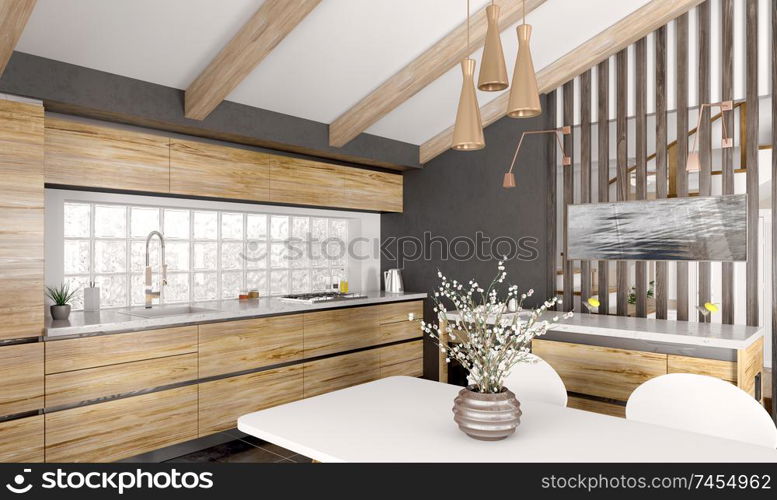 Modern interior of wooden kitchen with window and white table and chairs 3d rendering