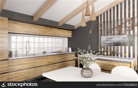 Modern interior of wooden kitchen with window and white table and chairs 3d rendering
