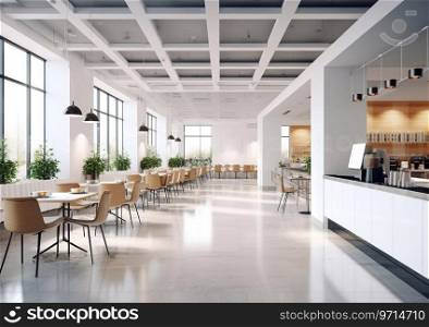 Modern interior office building cafeteria with large windows.AI Generative