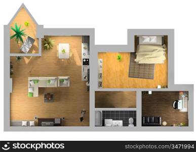 modern interior on the top view (private apartment 3d rendering)