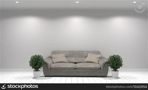 Modern interior room with sofa and green plants in white room,3d rendering