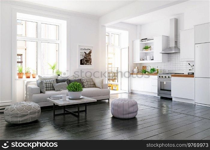 Modern interior scandinavian style living room design. 3d rendering concept