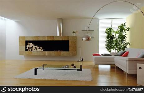 modern interior with fireplace (3d render)