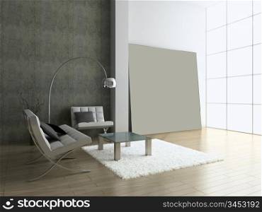 Modern interior with portrait. 3D render. Living-room.