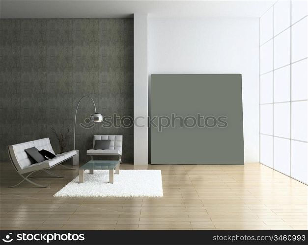 Modern interior with portrait. 3D render. Living-room.