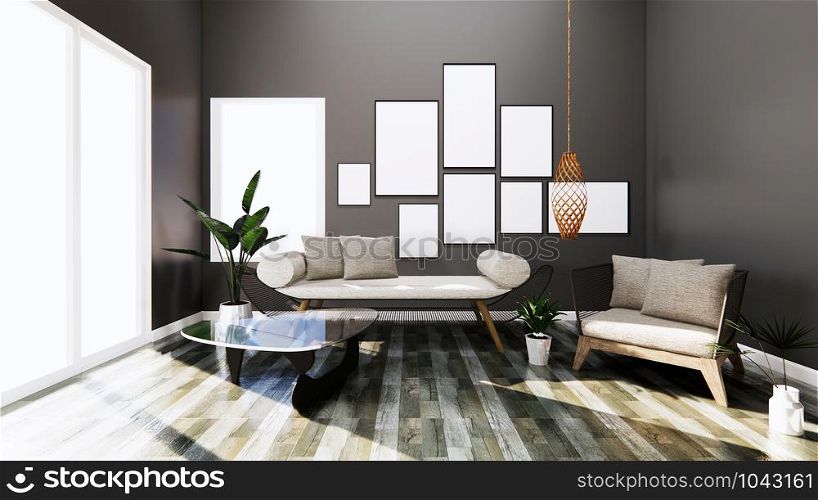 Modern interior with sofa and arm chair on room dark Wall and floor wooden tiles. 3D rendering