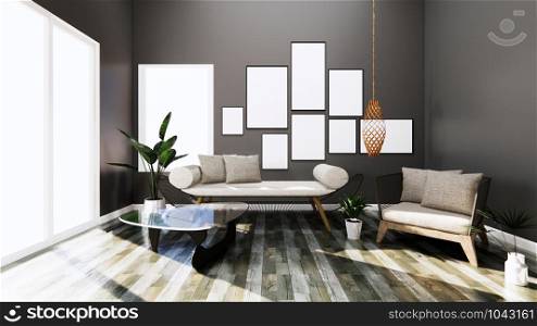 Modern interior with sofa and arm chair on room dark Wall and floor wooden tiles. 3D rendering