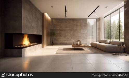 Modern interior with stone wall. Illustration Generative AI 