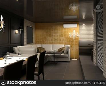 Modern interior with the fashionable picture. Design of dining-room.