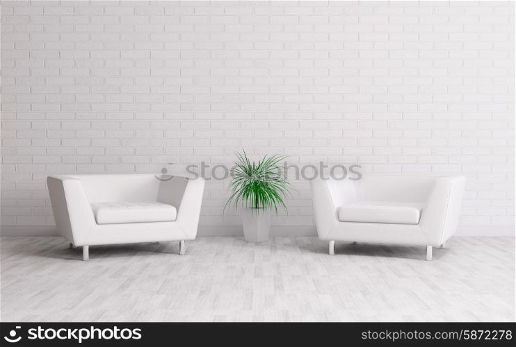 Modern interior with two armchairs over the white brick wall