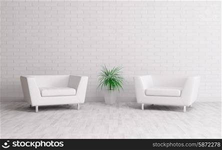 Modern interior with two armchairs over the white brick wall