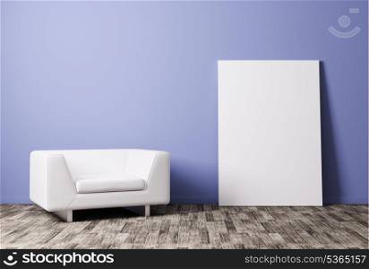 Modern interior with white armchair and poster