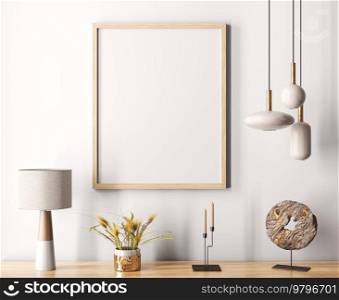 Modern interior with wooden frame, empty poster on the white wall above the wooden shelf with home decor. Home design with pendant lights. 3d rendering
