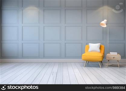 Modern interior,yellow arm chair with wood table and white lamp on light gray wall ,3d rendering
