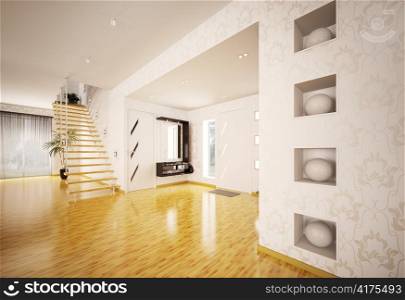 Modern interiordesign of hall with staircase 3d render