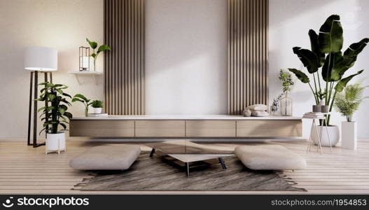 Modern japanese living room interior, mini sofa and cabinet table on room white wall background.3D rendering