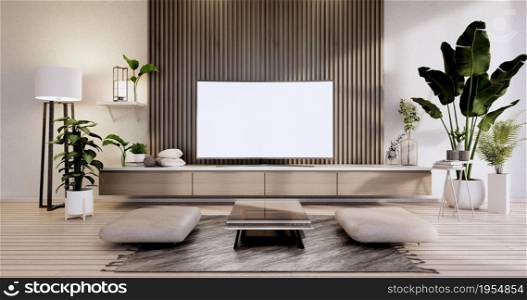 Modern japanese living room interior, mini sofa and cabinet table on room white wall background.3D rendering