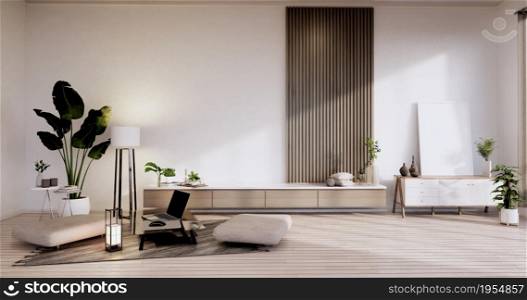 Modern japanese living room interior, mini sofa and cabinet table on room white wall background.3D rendering