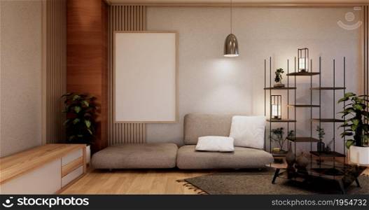 Modern japanese living room interior, sofa and cabinet table on room white wall background.3D rendering