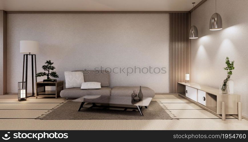 Modern japanese living room interior, sofa and cabinet table on room white wall background.3D rendering