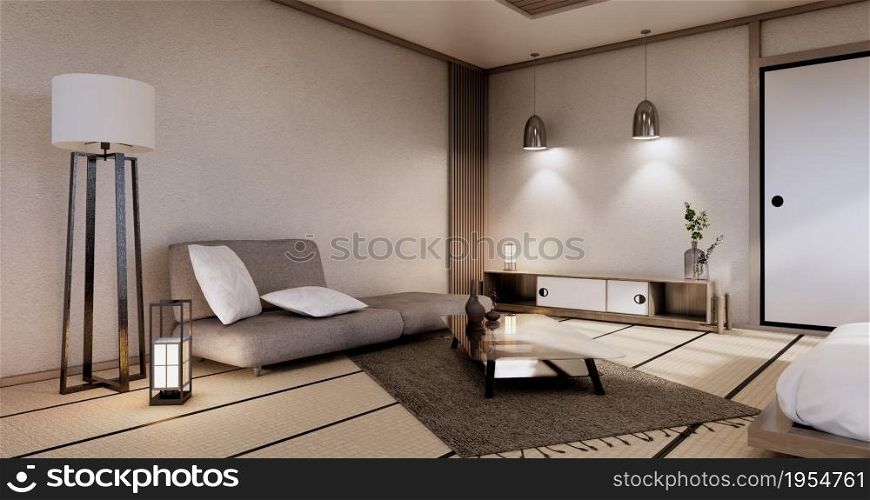 Modern japanese living room interior, sofa and cabinet table on room white wall background.3D rendering