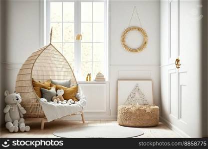 Modern kids’ room with a blank white wall. interior mockup in the Scandinavian design. Free copy room for your poster or picture. toys, rattan basket, and bed. cozy space for children. Generative AI