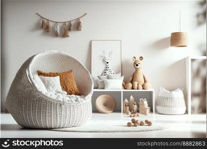 Modern kids  room with a blank white wall. interior mockup in the Scandinavian design. Free copy room for your poster or picture. toys, rattan basket, and bed. cozy space for children. Generative AI
