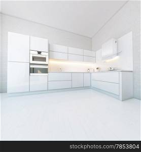 Modern kitchen cabinets in new white interior