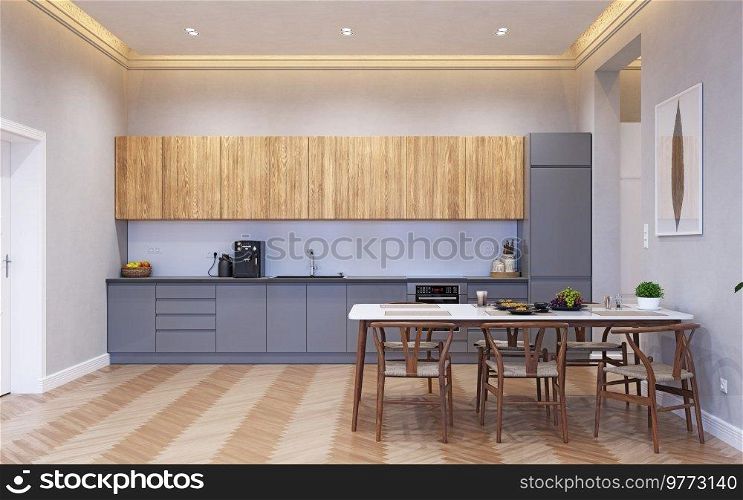 modern kitchen design. 3d interior rendering. modern kitchen interior