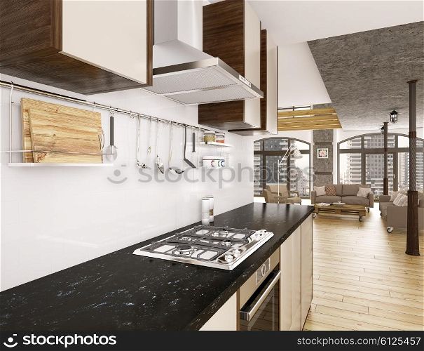 Modern kitchen in apartment interior 3d render