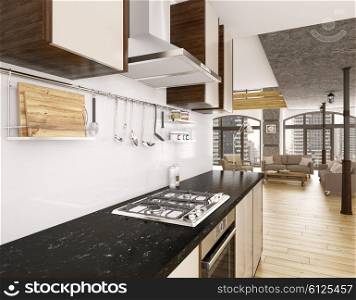 Modern kitchen in apartment interior 3d render