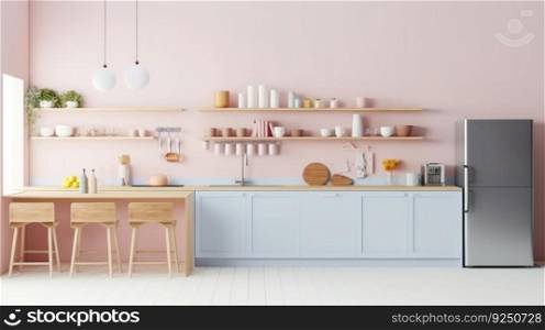 Modern kitchen in pastel colors. Illustration Generative AI
