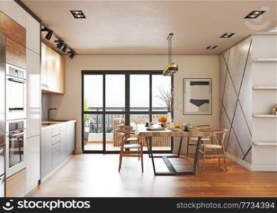 modern kitchen interior design. 3d concept illustration