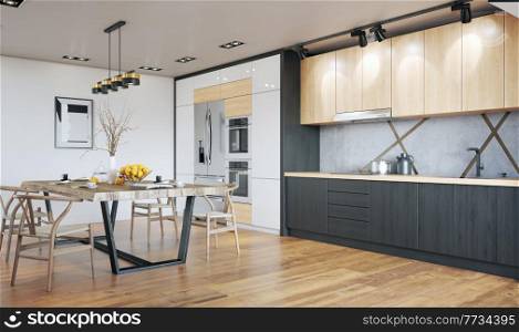 modern kitchen interior design. 3d concept illustration