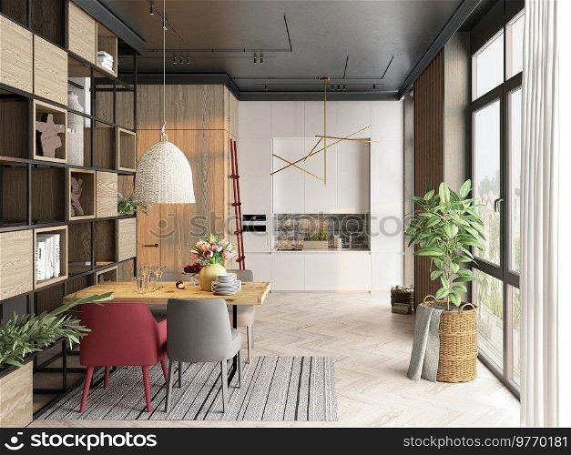Modern kitchen interior design. 3d rendering concept