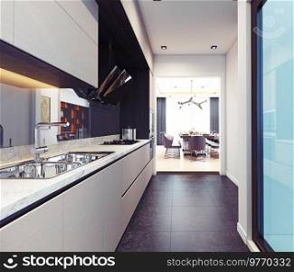 modern kitchen interior design. 3d rendering concept