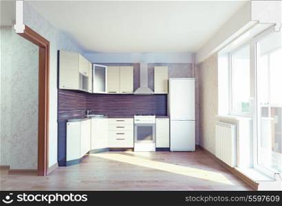 modern kitchen interior with cut section of the room. 3 concept
